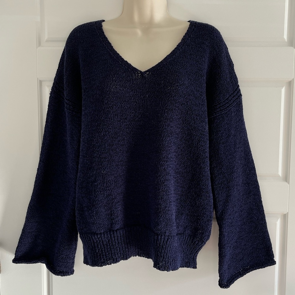 J. Crew Bell Sleeve Swing Sweater X Large Dark Ink Tape Yarn V Neck Boho